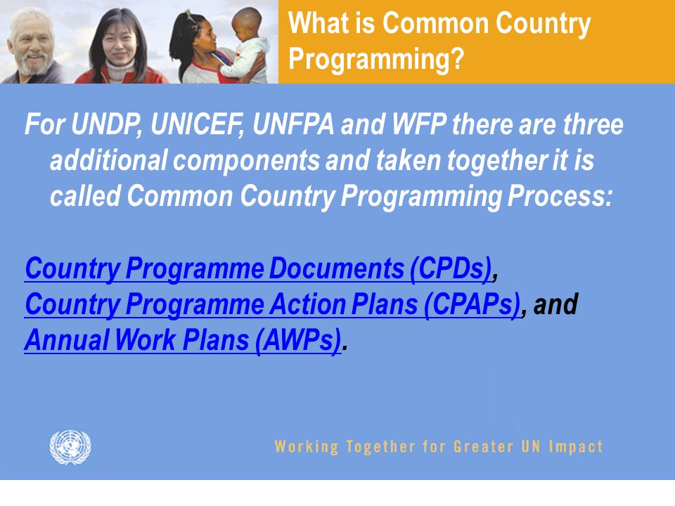 For UNDP, UNICEF, UNFPA and WFP there are three additional components and taken together it is called Common Country Programming Process: Country Programme Documents (CPDs)Country Programme Documents (CPDs), Country Programme Action Plans (CPAPs)Country Programme Action Plans (CPAPs), and Annual Work Plans (AWPs)Annual Work Plans (AWPs).