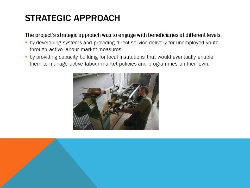 STRATEGIC APPROACH The project’s strategic approach was to engage with beneficiaries at different levels:  by developing systems and providing direct service delivery for unemployed youth through active labour market measures;  by providing capacity building for local institutions that would eventually enable them to manage active labour market policies and programmes on their own.