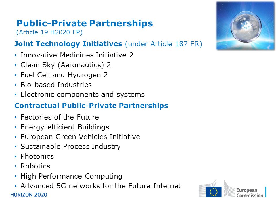 Public-Private Partnerships (Article 19 H2020 FP) Joint Technology Initiatives (under Article 187 FR) Innovative Medicines Initiative 2 Clean Sky (Aeronautics) 2 Fuel Cell and Hydrogen 2 Bio-based Industries Electronic components and systems Contractual Public-Private Partnerships Factories of the Future Energy-efficient Buildings European Green Vehicles Initiative Sustainable Process Industry Photonics Robotics High Performance Computing Advanced 5G networks for the Future Internet