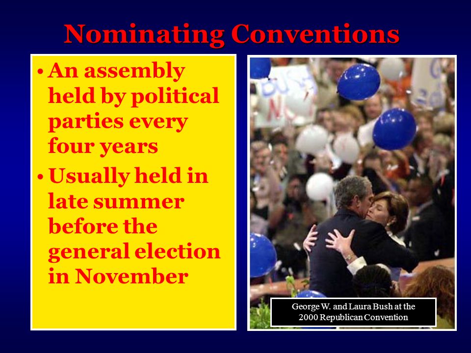 Nominating Conventions An assembly held by political parties every four years Usually held in late summer before the general election in November George W.