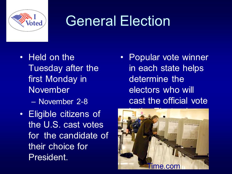 General Election Held on the Tuesday after the first Monday in November –November 2-8 Eligible citizens of the U.S.