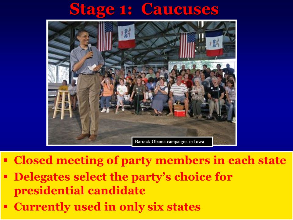 Stage 1: Caucuses  Closed meeting of party members in each state  Delegates select the party’s choice for presidential candidate  Currently used in only six states Barrack Obama campaigns in Iowa