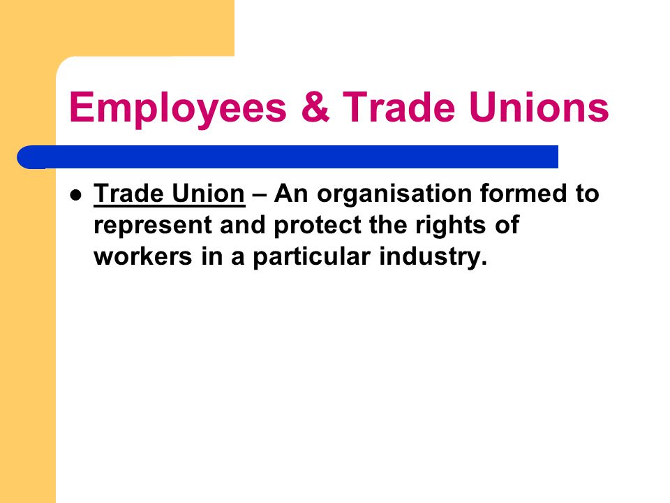 Employees & Trade Unions Trade Union – An organisation formed to represent and protect the rights of workers in a particular industry.
