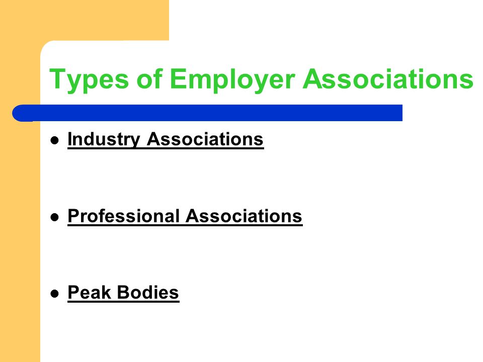 Types of Employer Associations Industry Associations Professional Associations Peak Bodies