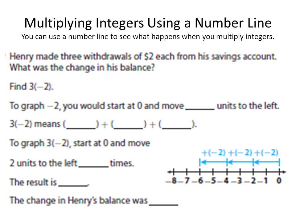 Multiplying Integers Using a Number Line You can use a number line to see what happens when you multiply integers.