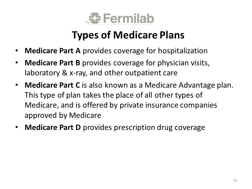 Types of Medicare Plans Medicare Part A provides coverage for hospitalization Medicare Part B provides coverage for physician visits, laboratory & x-ray, and other outpatient care Medicare Part C is also known as a Medicare Advantage plan.