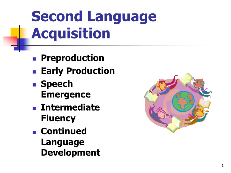 1 Second Language Acquisition Preproduction Early Production Speech Emergence Intermediate Fluency Continued Language Development