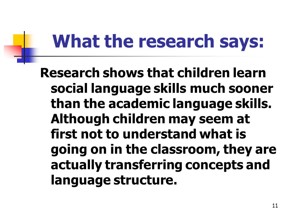 11 What the research says: Research shows that children learn social language skills much sooner than the academic language skills.
