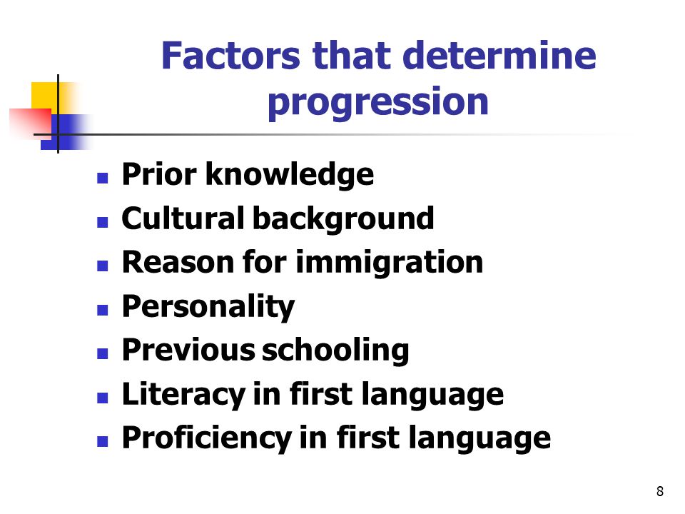 8 Factors that determine progression Prior knowledge Cultural background Reason for immigration Personality Previous schooling Literacy in first language Proficiency in first language