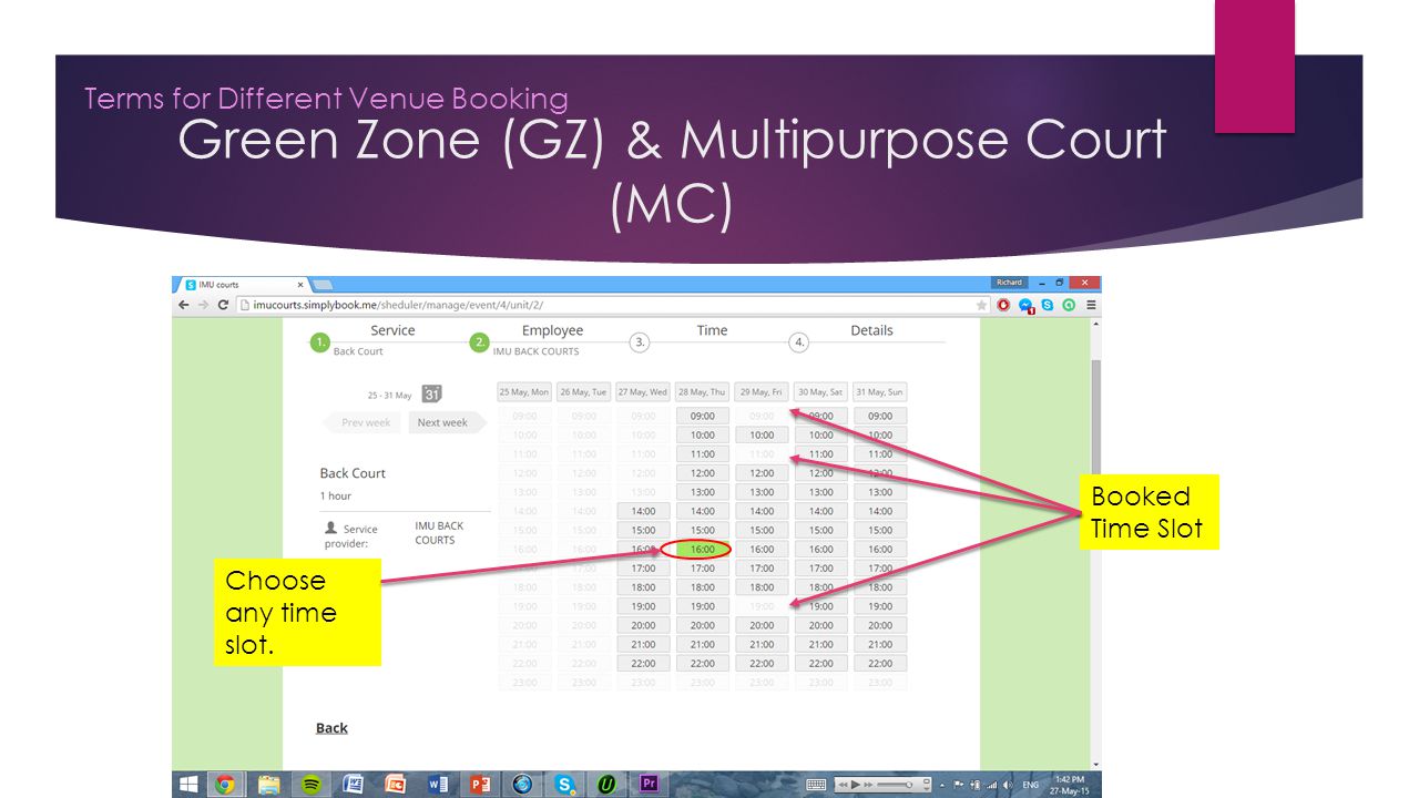 Green Zone (GZ) & Multipurpose Court (MC) Terms for Different Venue Booking Choose any time slot.