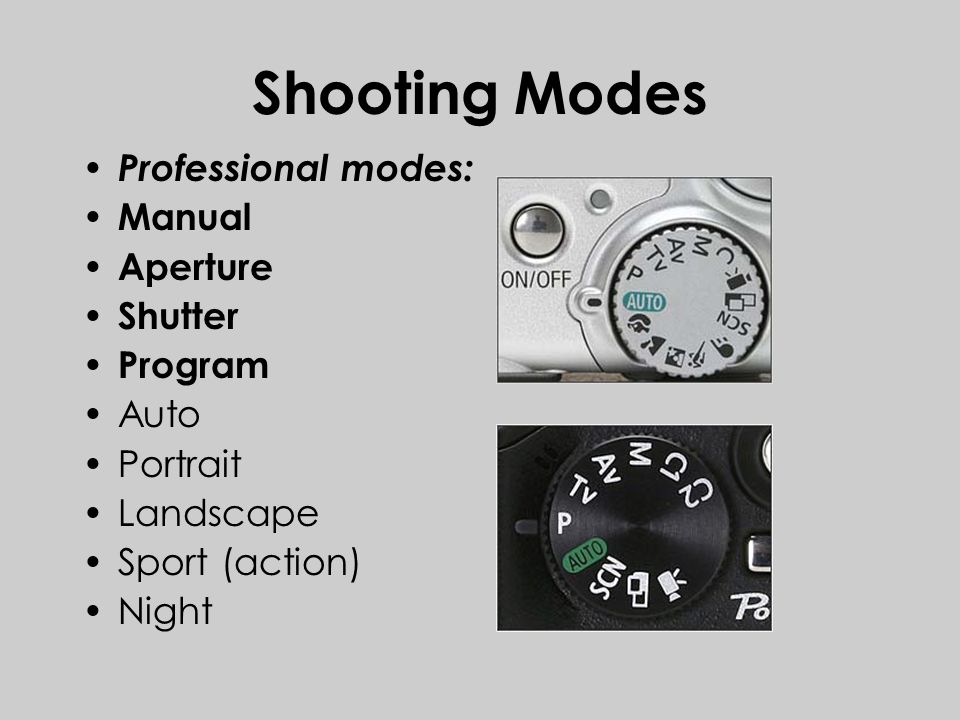 Shooting Modes Professional modes: Manual Aperture Shutter Program Auto Portrait Landscape Sport (action) Night