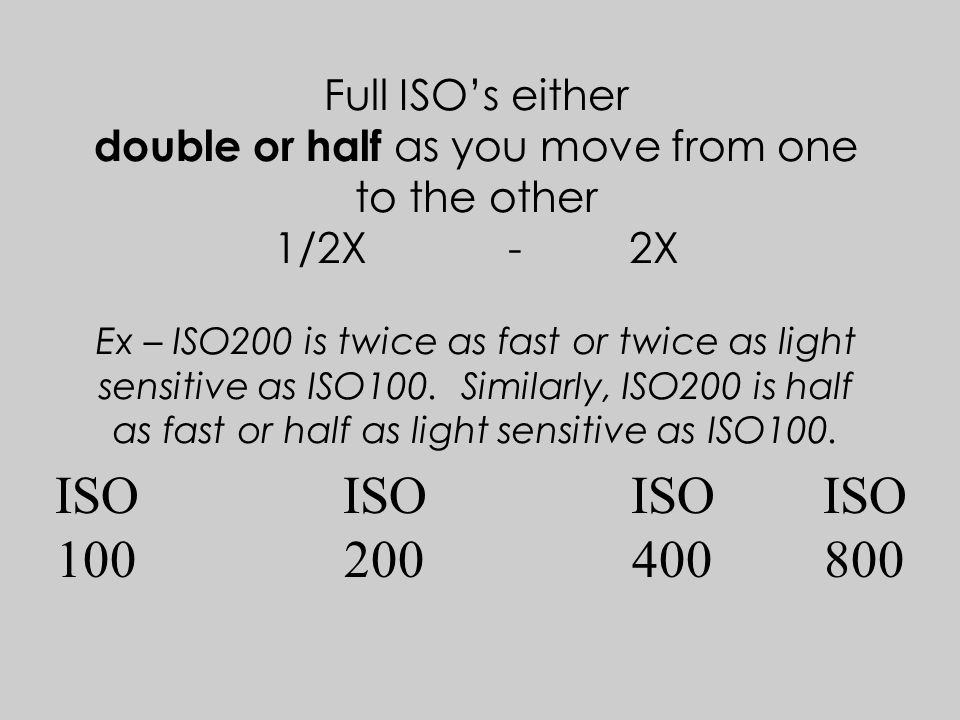 Full ISO’s either double or half as you move from one to the other 1/2X - 2X Ex – ISO200 is twice as fast or twice as light sensitive as ISO100.