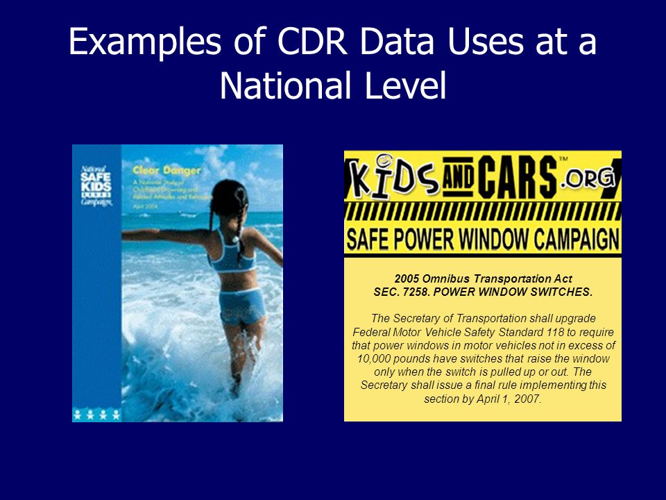 Examples of CDR Data Uses at a National Level 2005 Omnibus Transportation Act SEC.