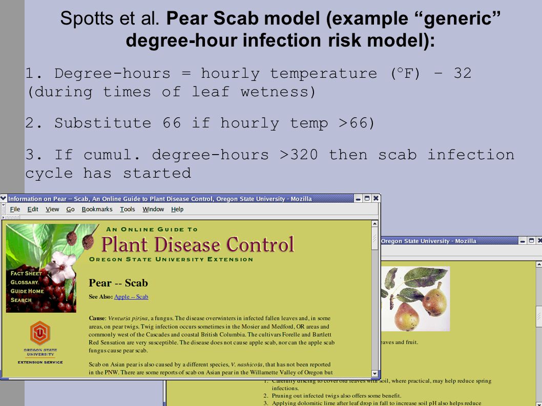 Spotts et al. Pear Scab model (example generic degree-hour infection risk model): 1.