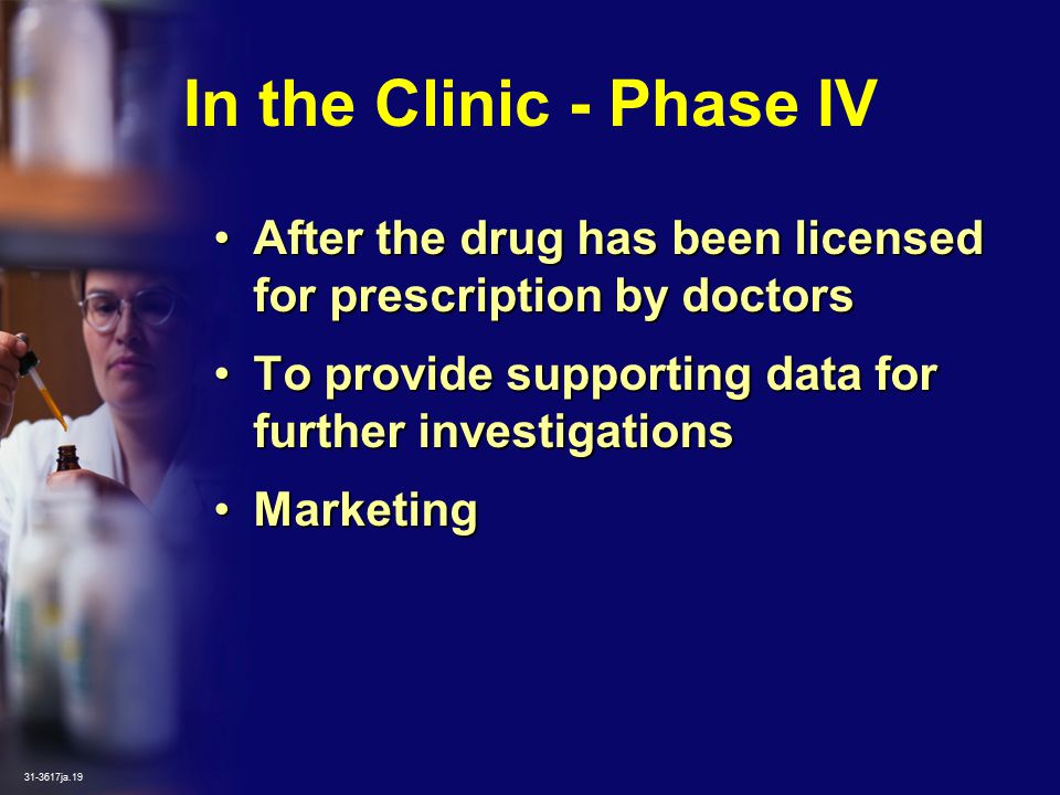 ja.19 In the Clinic - Phase IV After the drug has been licensed for prescription by doctorsAfter the drug has been licensed for prescription by doctors To provide supporting data for further investigationsTo provide supporting data for further investigations MarketingMarketing