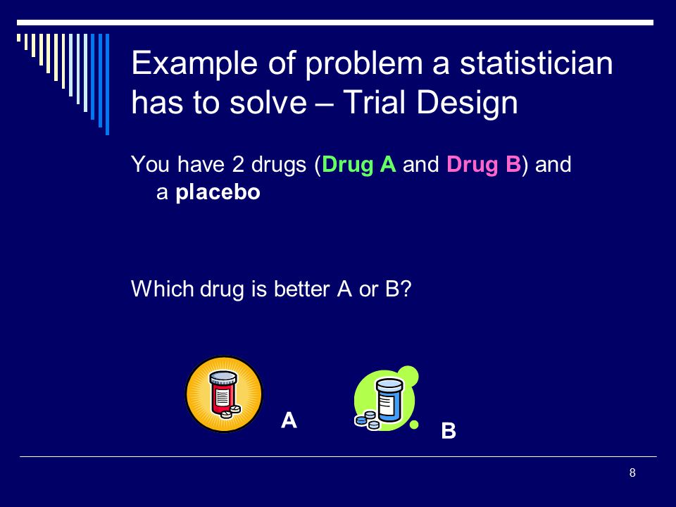 8 Example of problem a statistician has to solve – Trial Design You have 2 drugs (Drug A and Drug B) and a placebo Which drug is better A or B.