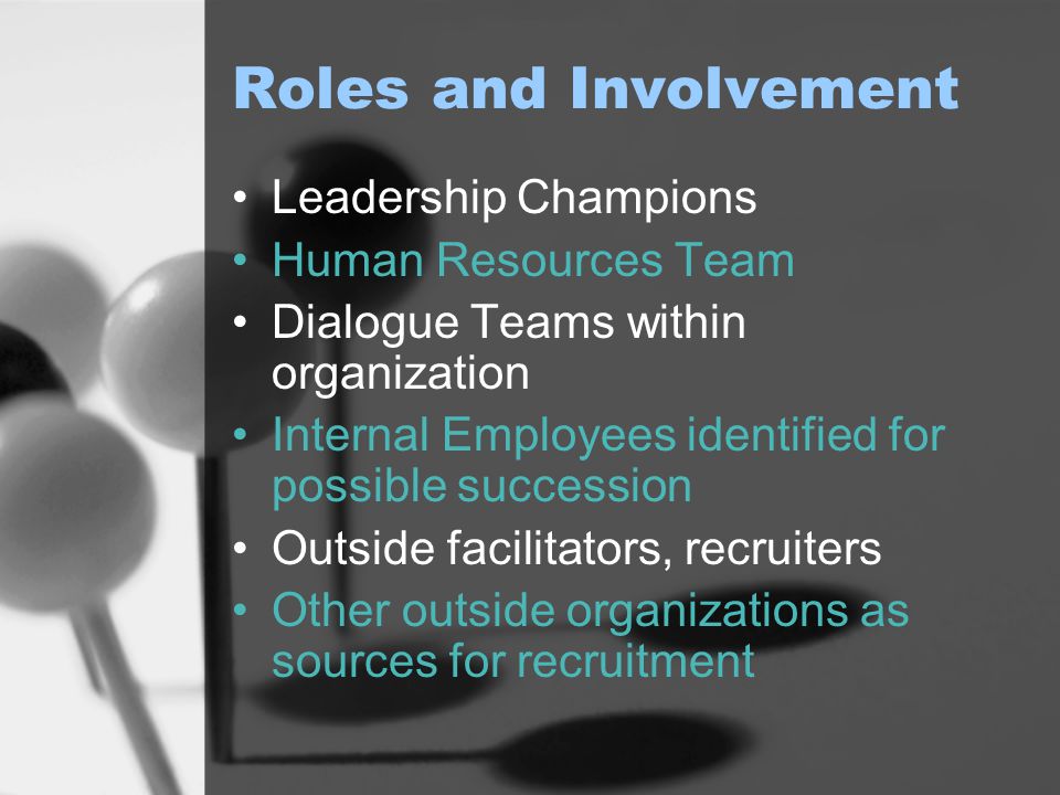 Roles and Involvement Leadership Champions Human Resources Team Dialogue Teams within organization Internal Employees identified for possible succession Outside facilitators, recruiters Other outside organizations as sources for recruitment