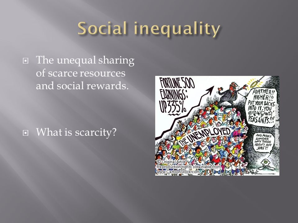  The unequal sharing of scarce resources and social rewards.  What is scarcity