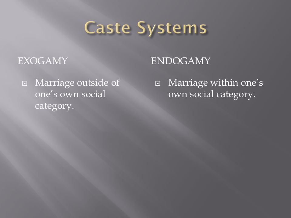 EXOGAMYENDOGAMY  Marriage outside of one’s own social category.