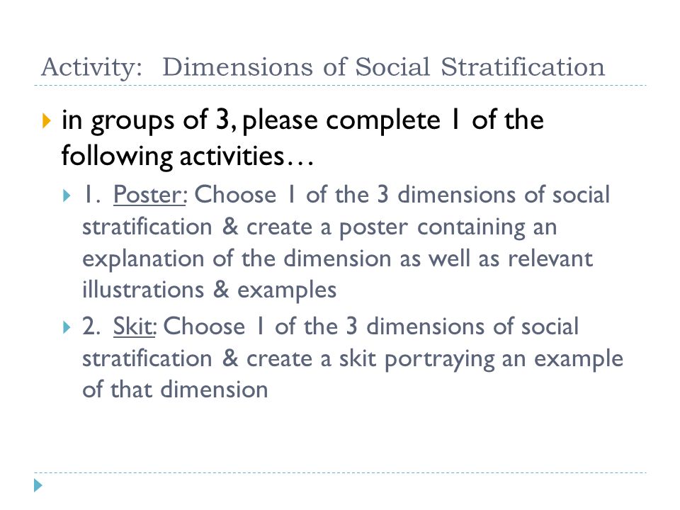 Activity: Dimensions of Social Stratification  in groups of 3, please complete 1 of the following activities…  1.