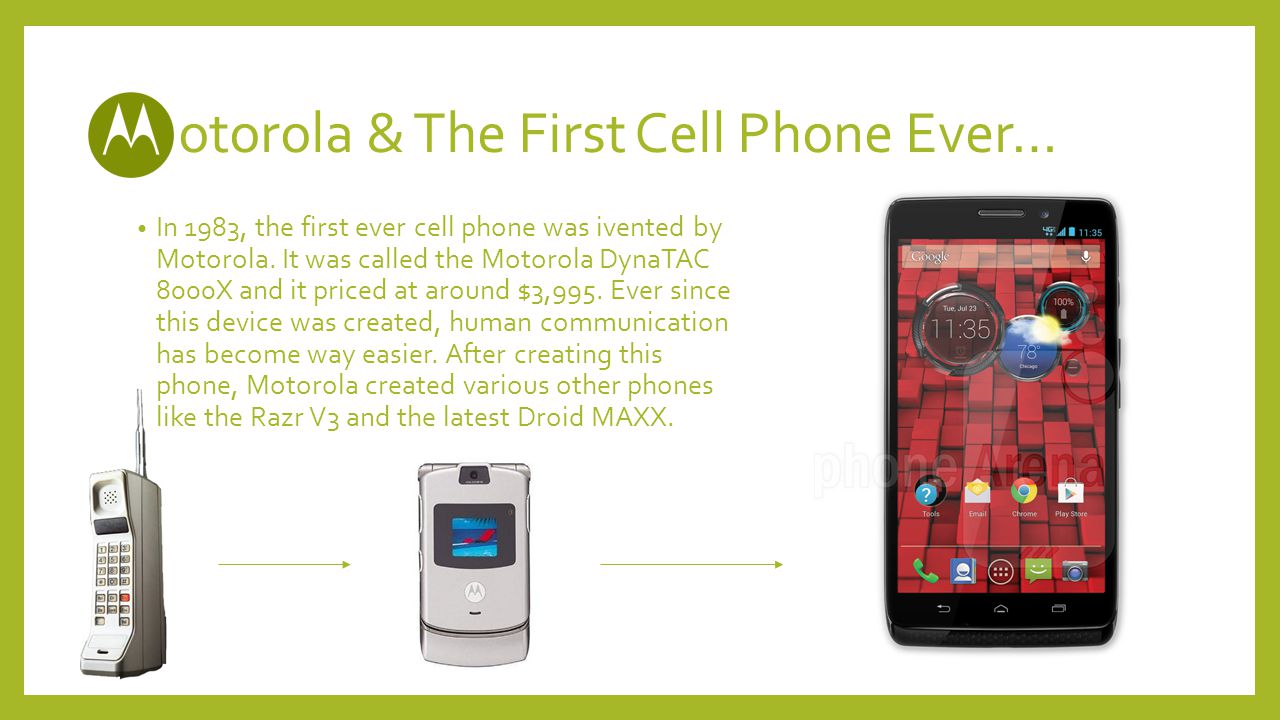Motorola & The First Cell Phone Ever… In 1983, the first ever cell phone was ivented by Motorola.