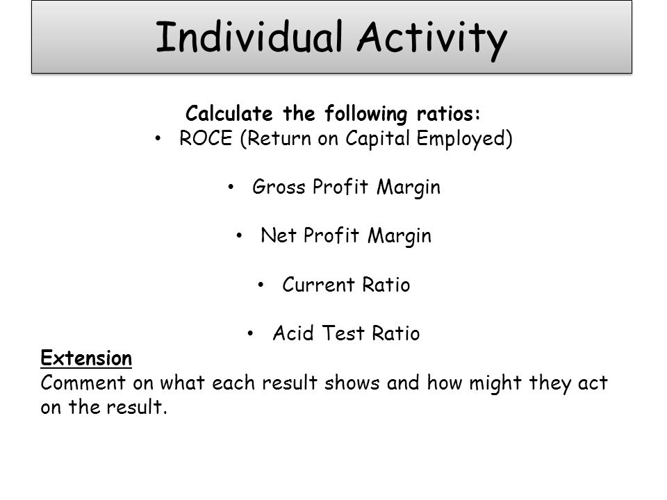 Individual Activity Calculate the following ratios: ROCE (Return on Capital Employed) Gross Profit Margin Net Profit Margin Current Ratio Acid Test Ratio Extension Comment on what each result shows and how might they act on the result.