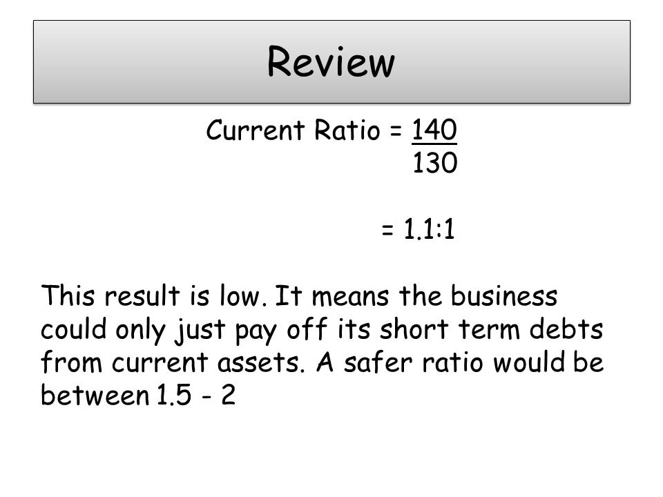 Review Current Ratio = = 1.1:1 This result is low.