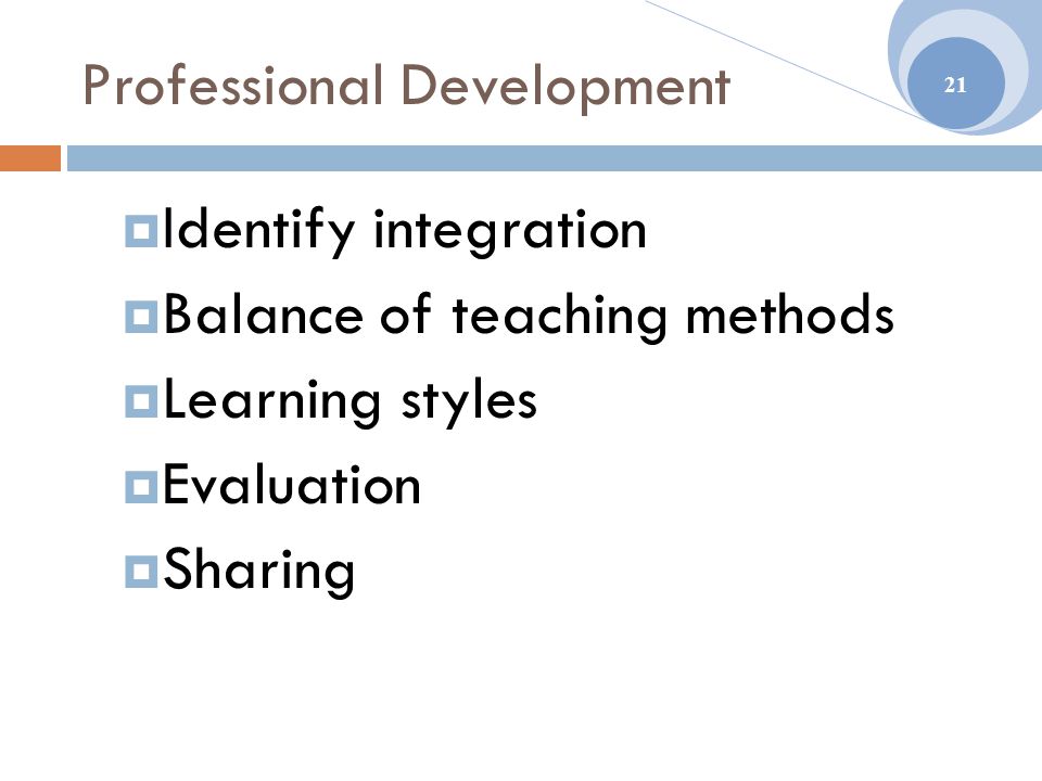Professional Development  Identify integration  Balance of teaching methods  Learning styles  Evaluation  Sharing 21