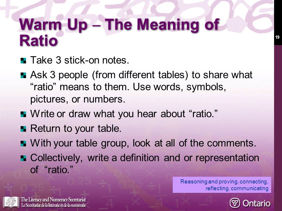 19 Warm Up  T he Meaning of Ratio Take 3 stick-on notes.