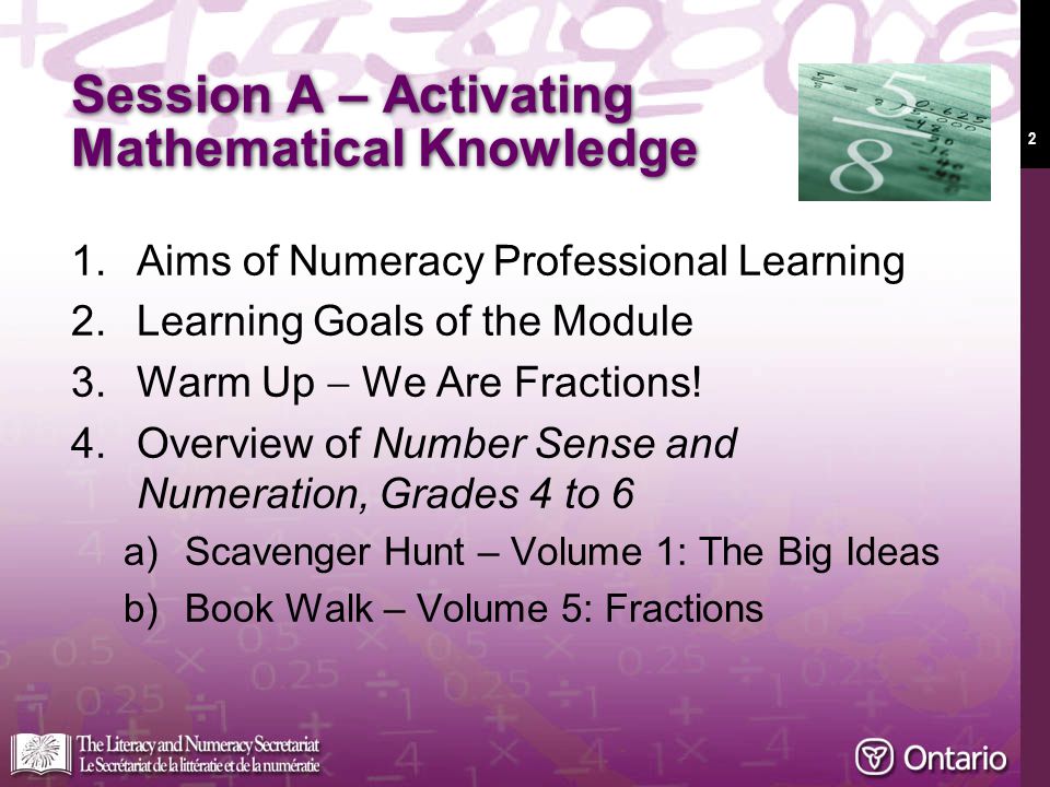 2 Session A – Activating Mathematical Knowledge 1.Aims of Numeracy Professional Learning 2.Learning Goals of the Module 3.Warm Up  We Are Fractions.