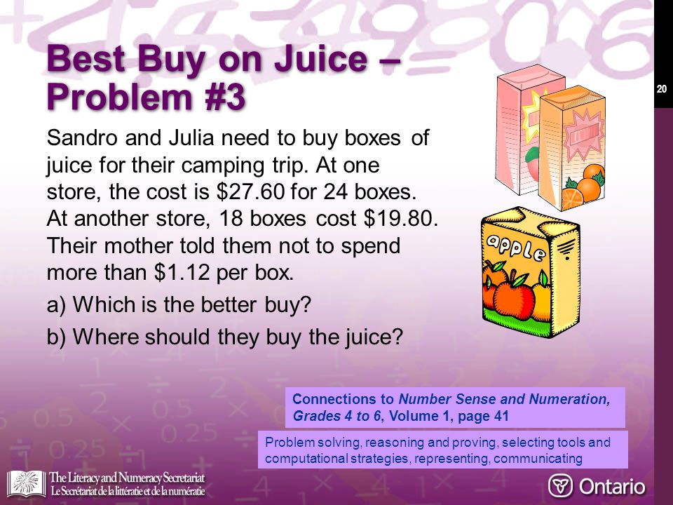 20 Best Buy on Juice – Problem #3 Sandro and Julia need to buy boxes of juice for their camping trip.