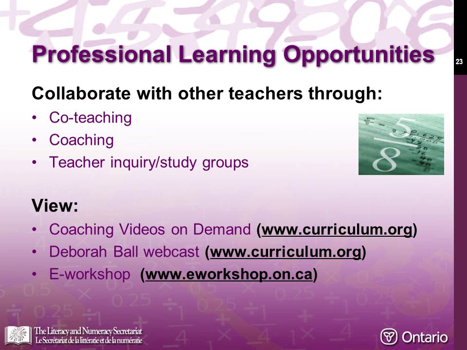 23 Professional Learning Opportunities Collaborate with other teachers through: Co-teaching Coaching Teacher inquiry/study groups View: Coaching Videos on Demand (  Deborah Ball webcast (  E-workshop (