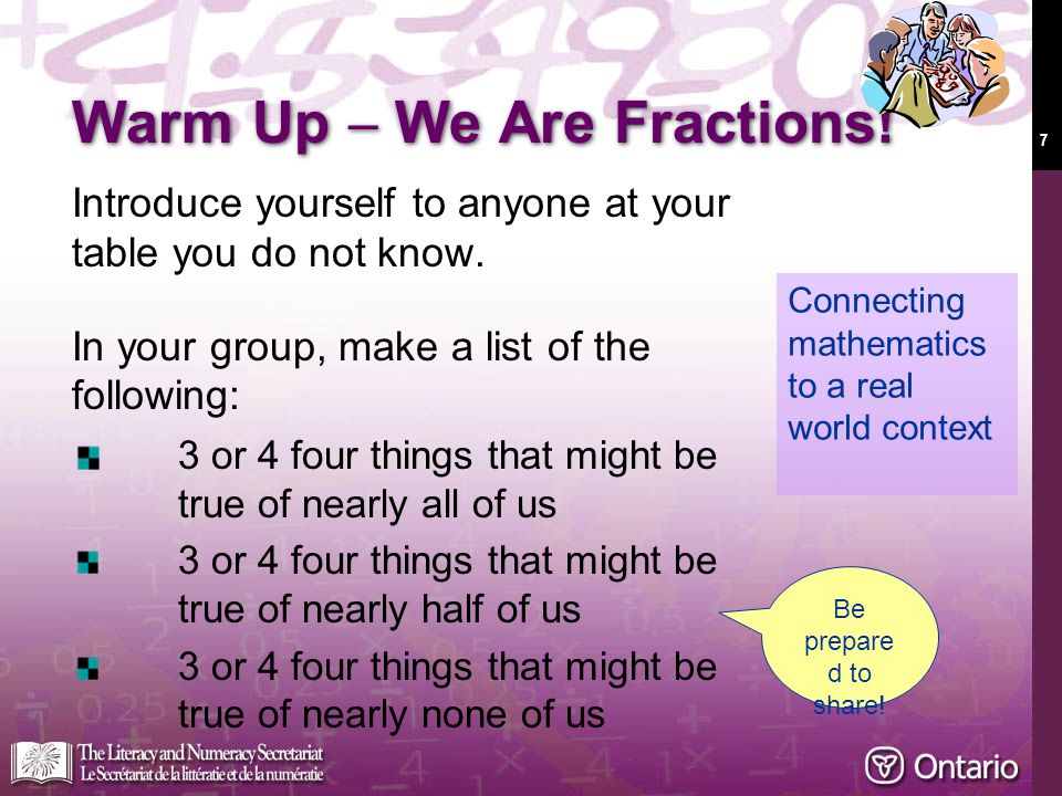 7 Warm Up  We Are Fractions. Introduce yourself to anyone at your table you do not know.