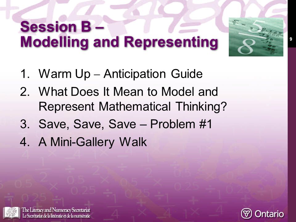 9 Session B – Modelling and Representing 1.Warm Up  Anticipation Guide 2.What Does It Mean to Model and Represent Mathematical Thinking.