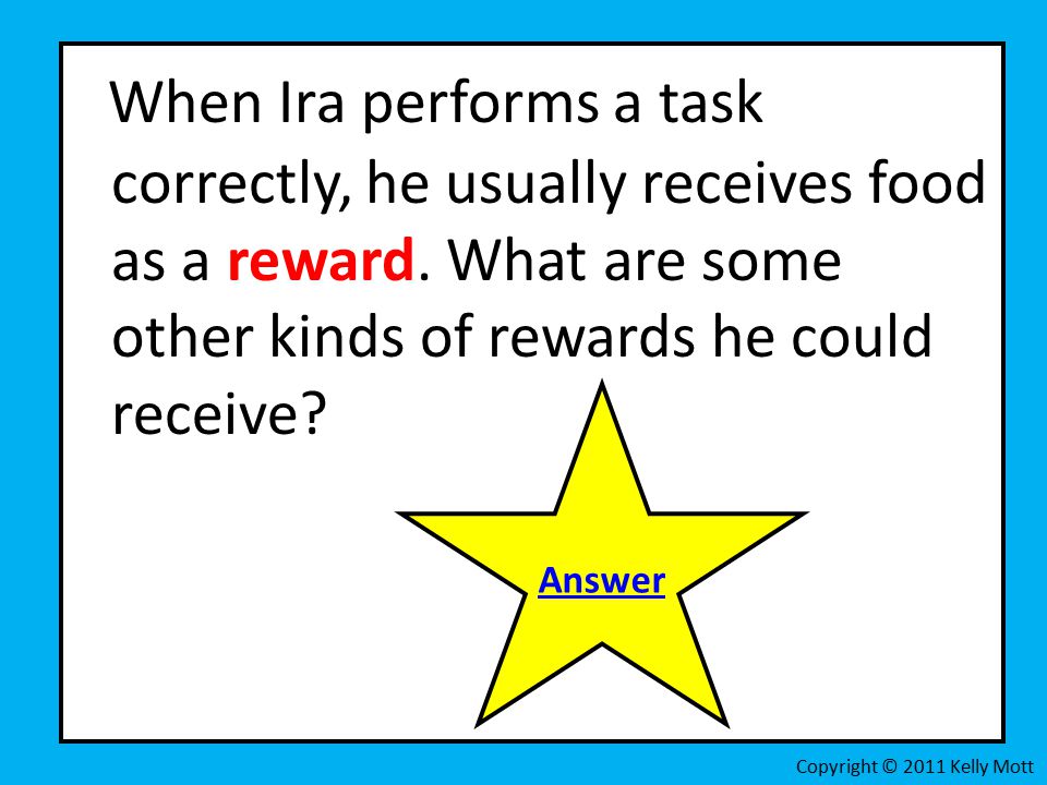 When Ira performs a task correctly, he usually receives food as a reward.