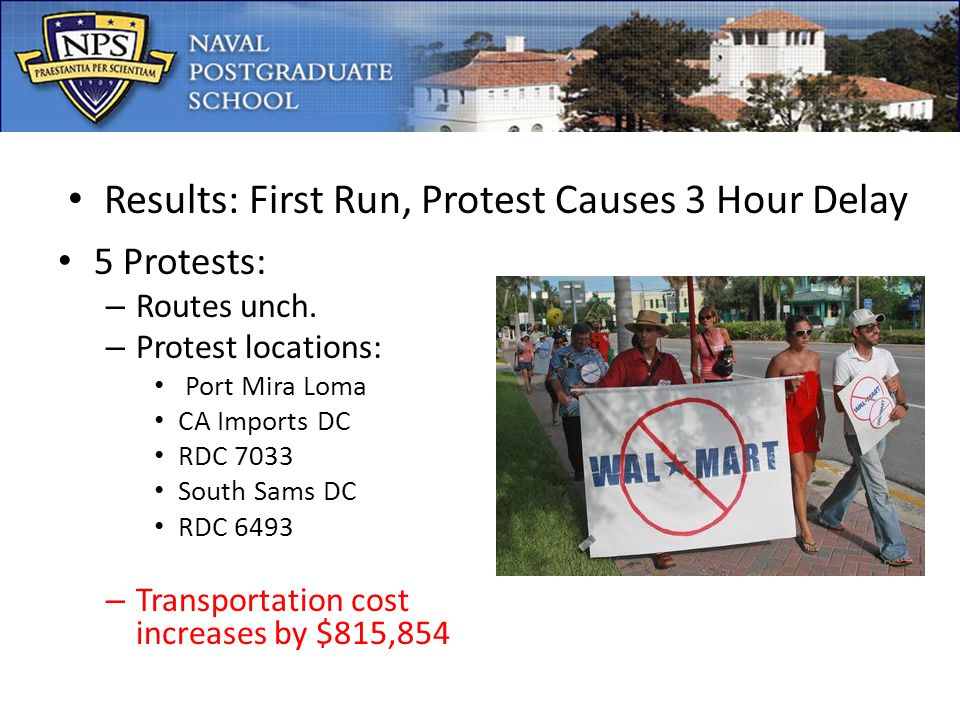 Results: First Run, Protest Causes 3 Hour Delay 5 Protests: – Routes unch.