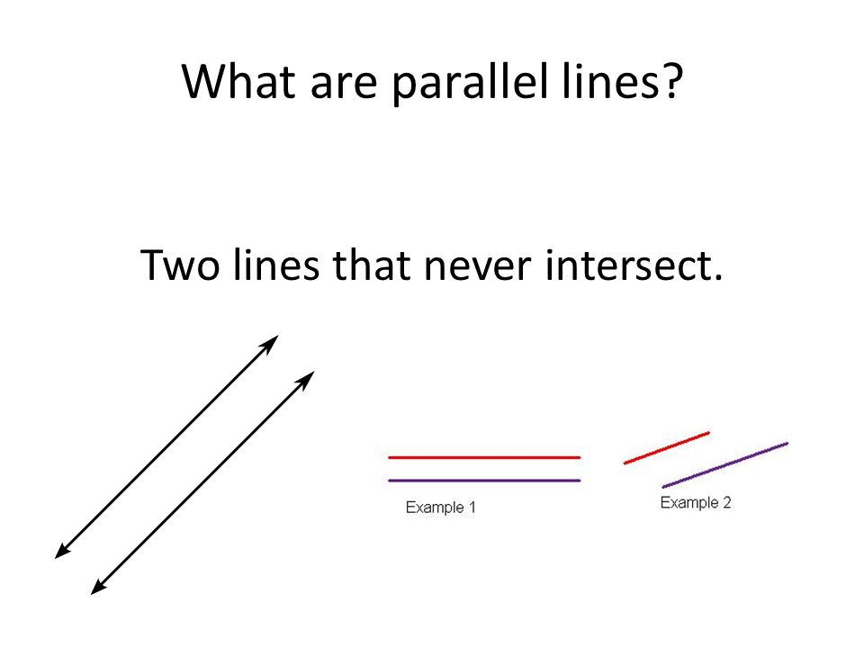 What are parallel lines Two lines that never intersect.