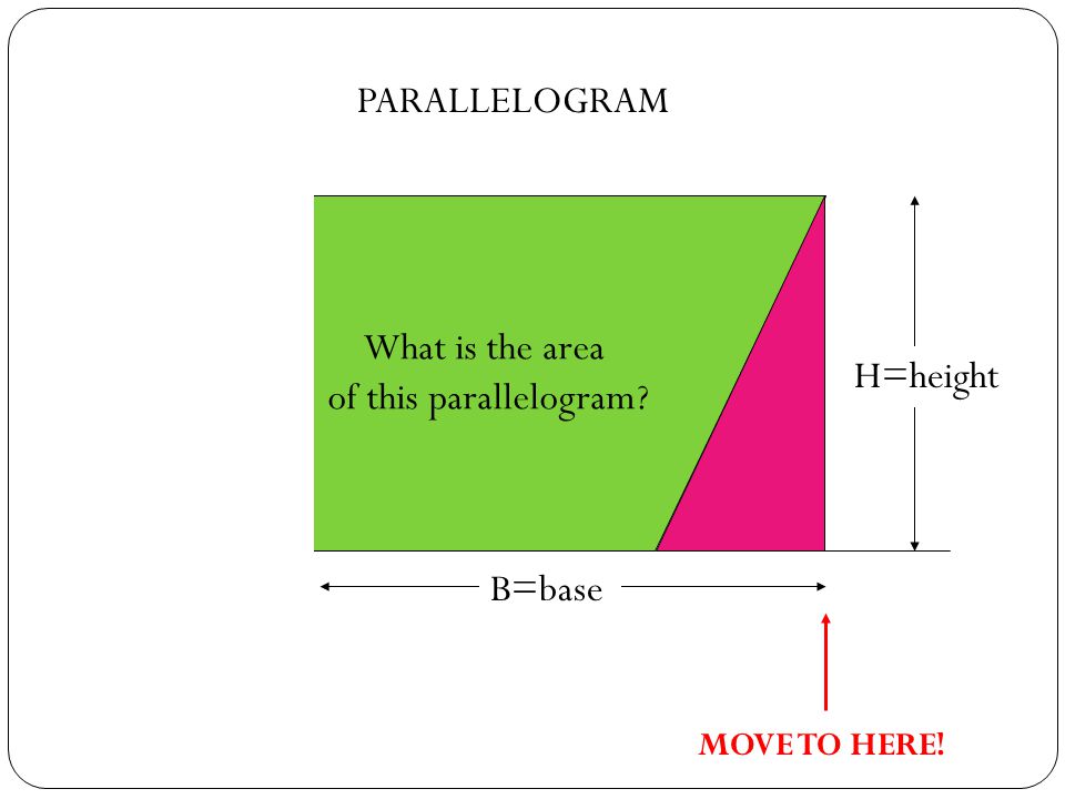 What is the area of this parallelogram PARALLELOGRAM MOVE TO HERE! B=base H=height