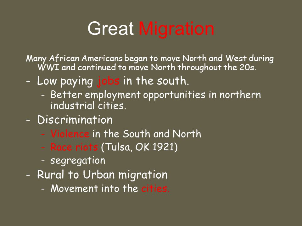 Great Migration Many African Americans began to move North and West during WWI and continued to move North throughout the 20s.