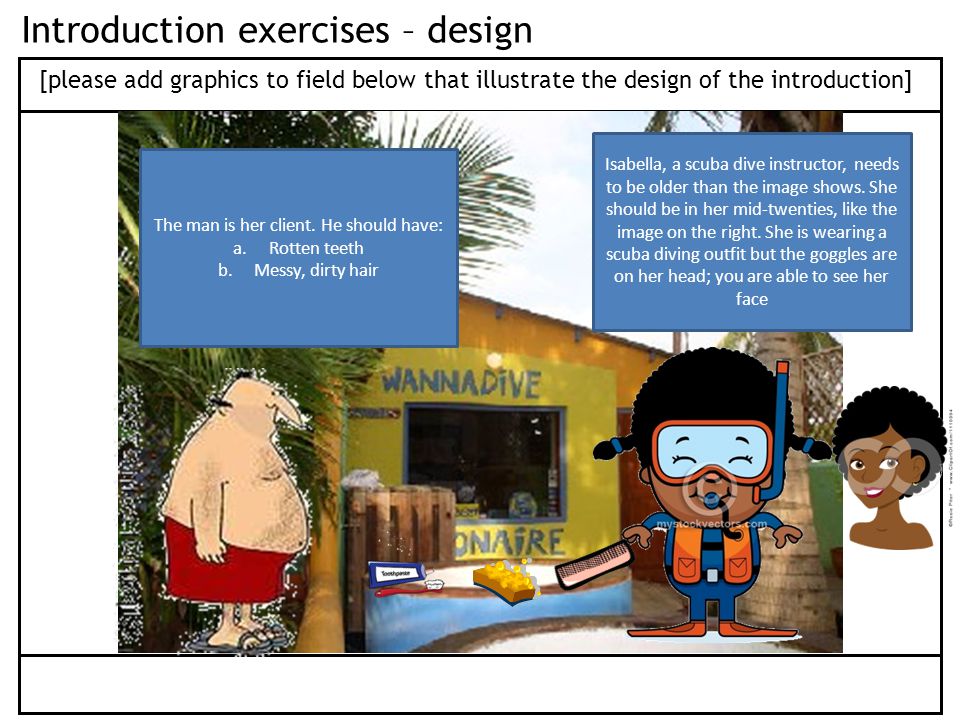 Introduction exercises – design [please add graphics to field below that illustrate the design of the introduction] Isabella, a scuba dive instructor, needs to be older than the image shows.