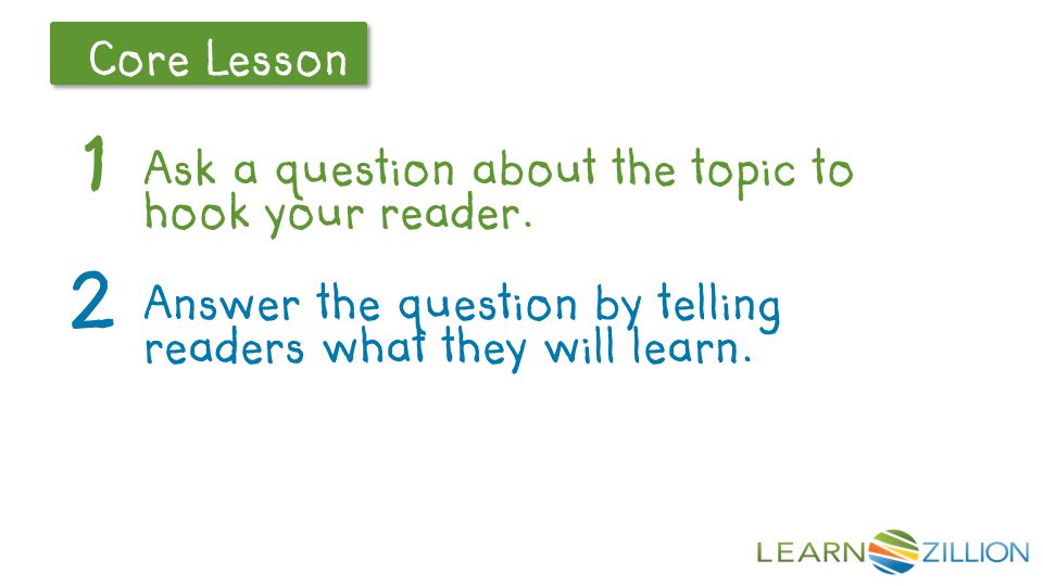 Let’s Review Core Lesson Ask a question about the topic to hook your reader.