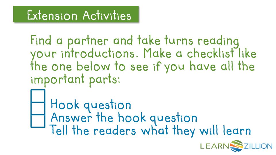 Let’s Review Extension Activities Find a partner and take turns reading your introductions.