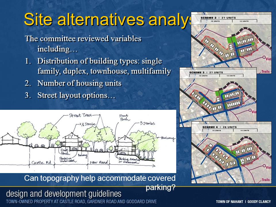 Site alternatives analysis The committee reviewed variables including… 1.Distribution of building types: single family, duplex, townhouse, multifamily 2.Number of housing units 3.Street layout options… The committee reviewed variables including… 1.Distribution of building types: single family, duplex, townhouse, multifamily 2.Number of housing units 3.Street layout options… Can topography help accommodate covered parking