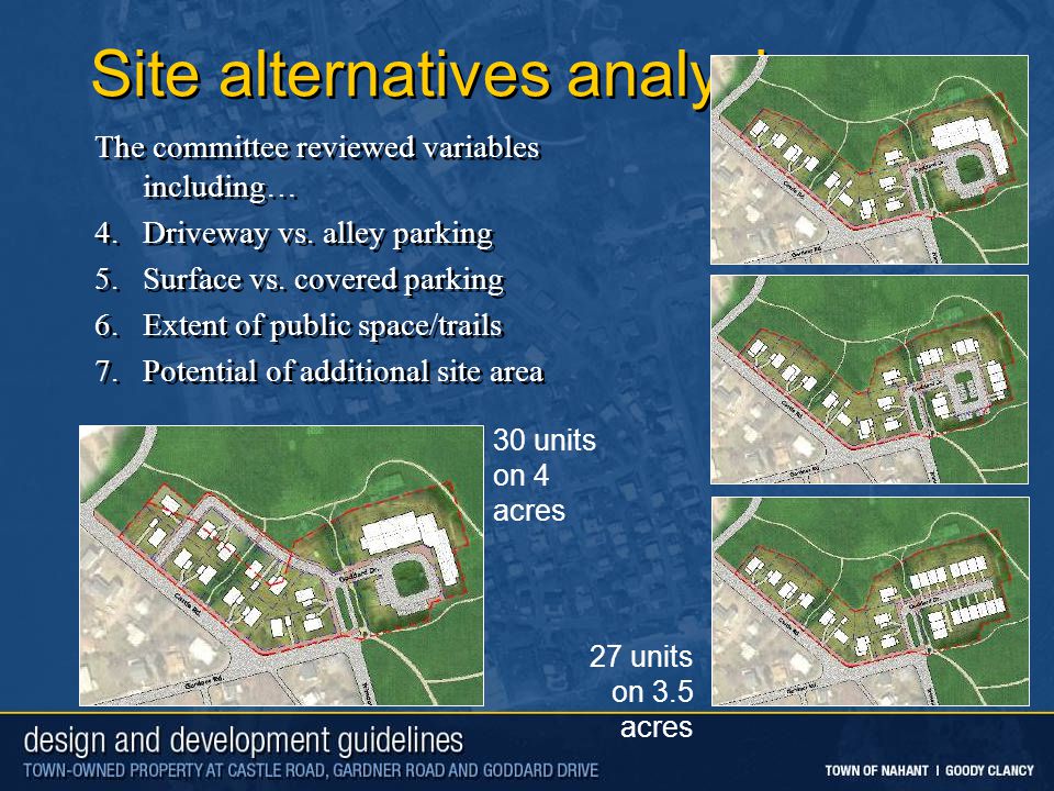 Site alternatives analysis The committee reviewed variables including… 4.Driveway vs.