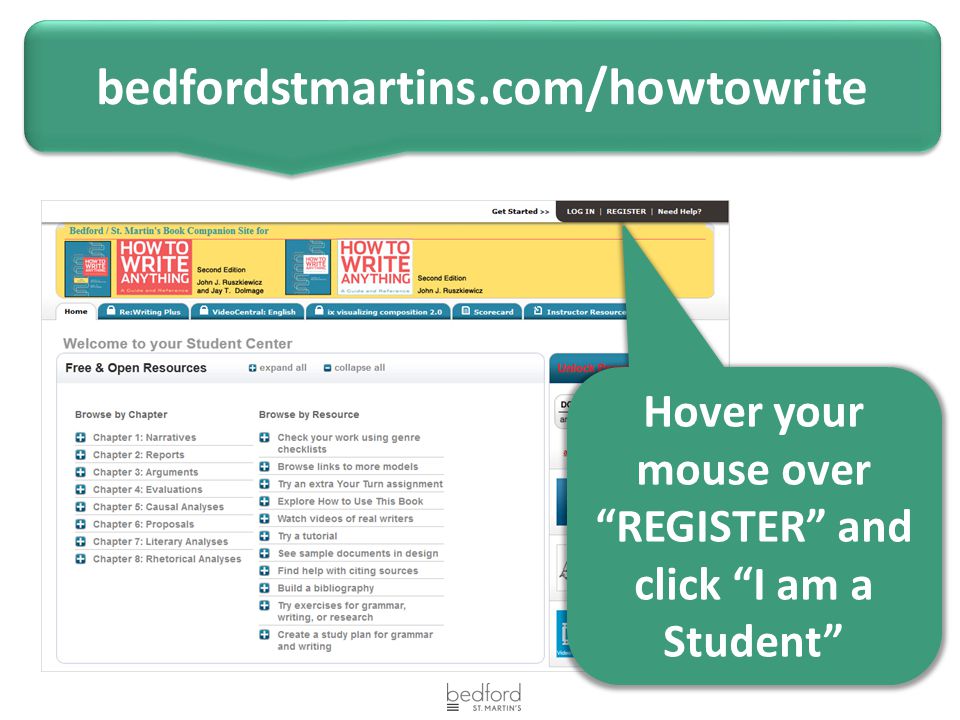 bedfordstmartins.com/howtowrite Hover your mouse over REGISTER and click I am a Student