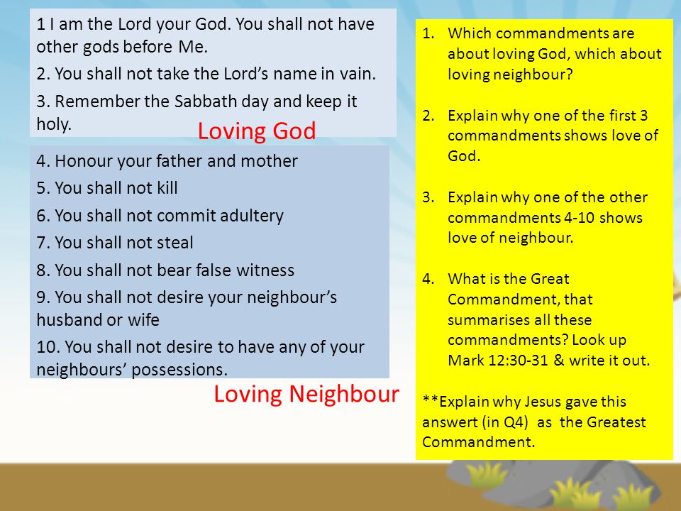 Tell your partner the 10 Commandments The 10 Commandments can be grouped in  2 sets - about 2 different things. How? 1-3 Love of God 4-10 Love of  Neighbour. - ppt download
