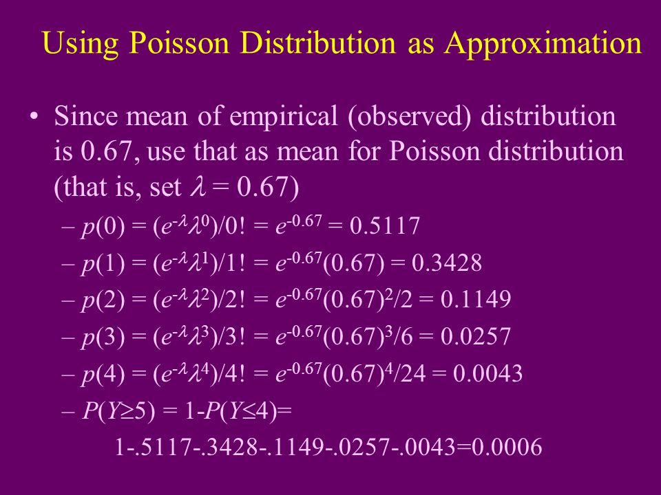 Using Poisson Distribution as Approximation Since mean of empirical (observed) distribution is 0.67, use that as mean for Poisson distribution (that is, set = 0.67) –p(0) = (e - 0 )/0.
