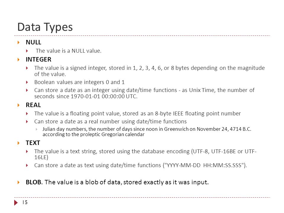 Data Types 15  NULL  The value is a NULL value.