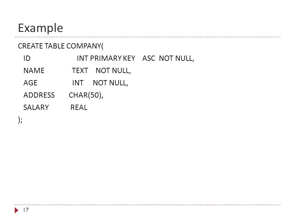 Example 17 CREATE TABLE COMPANY( ID INT PRIMARY KEY ASC NOT NULL, NAME TEXT NOT NULL, AGE INT NOT NULL, ADDRESS CHAR(50), SALARY REAL );