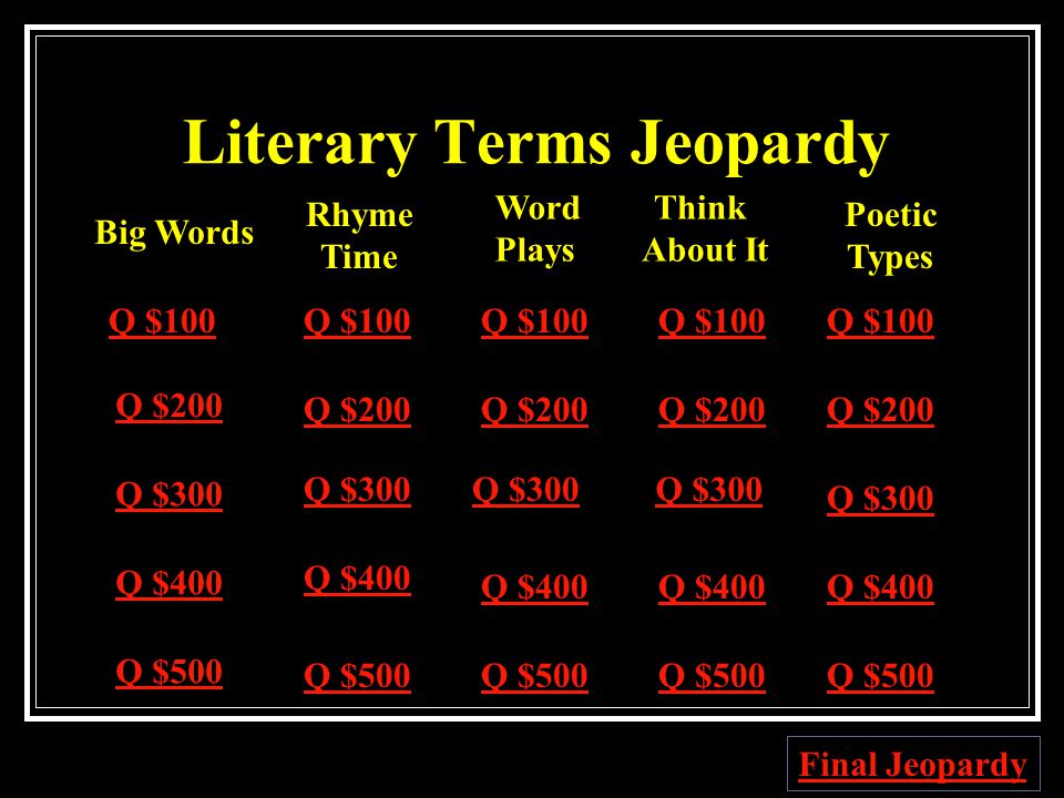 Literary Terms Jeopardy Big Words Rhyme Time Word Plays Think About It Poetic Types Q $100 Q $200 Q $300 Q $400 Q $500 Q $100 Q $200 Q $300 Q $400 Q $500 Final Jeopardy